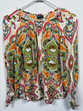 APNY Cream Paisley Long-Sleeve Blouse with Multicolor Print Sz S Great Condition